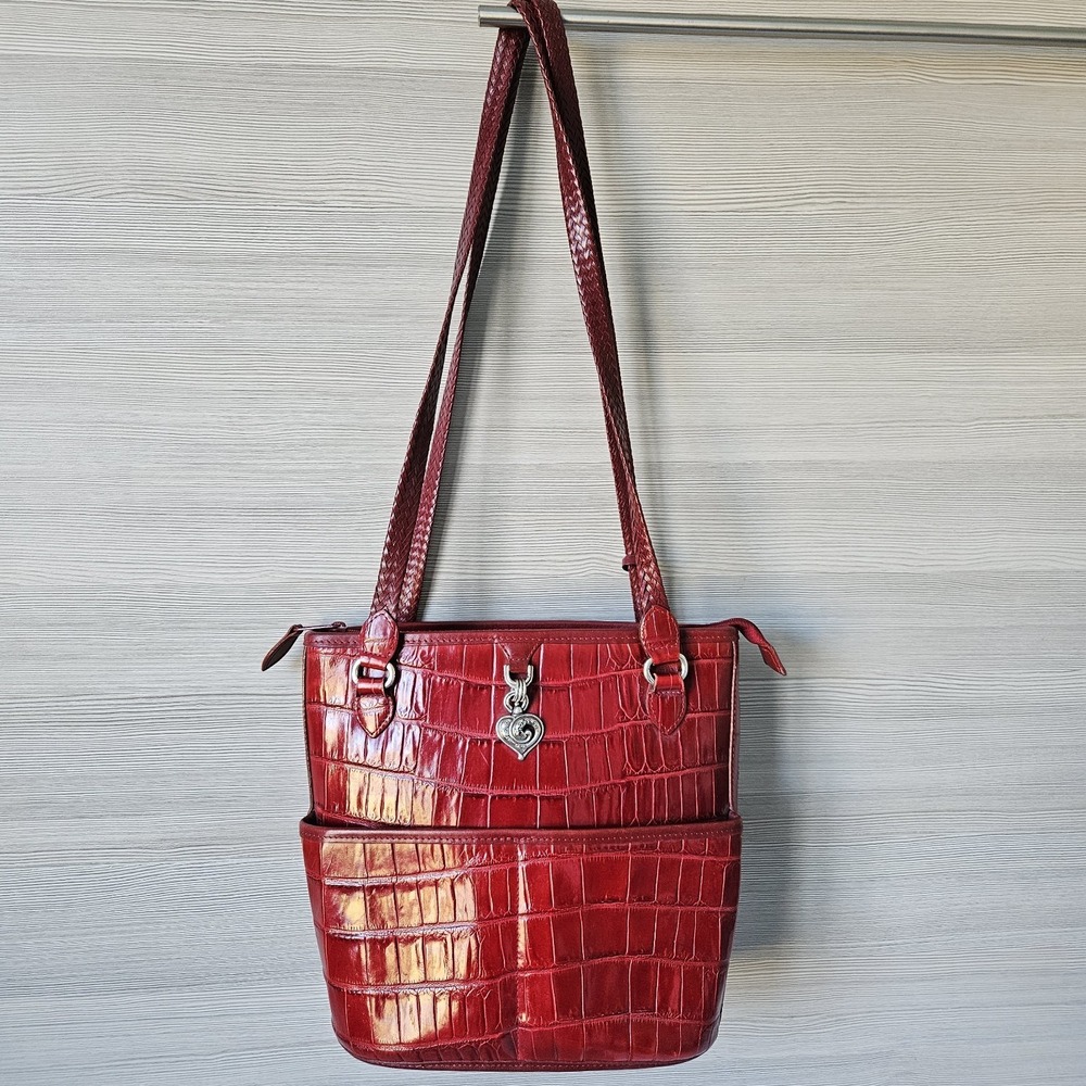 Brighton Penelope Croc Leather Bucket Bag Shoulder Purse Silver Heart Accents